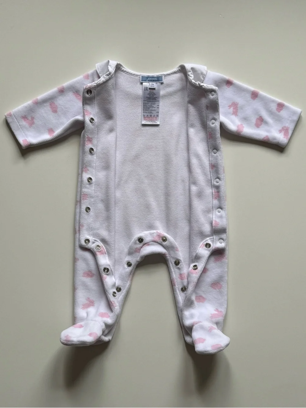 Jacadi Baby Girl White Velvet Footie Pajamas with Pink Clouds & Rabbits - Sz. 3M